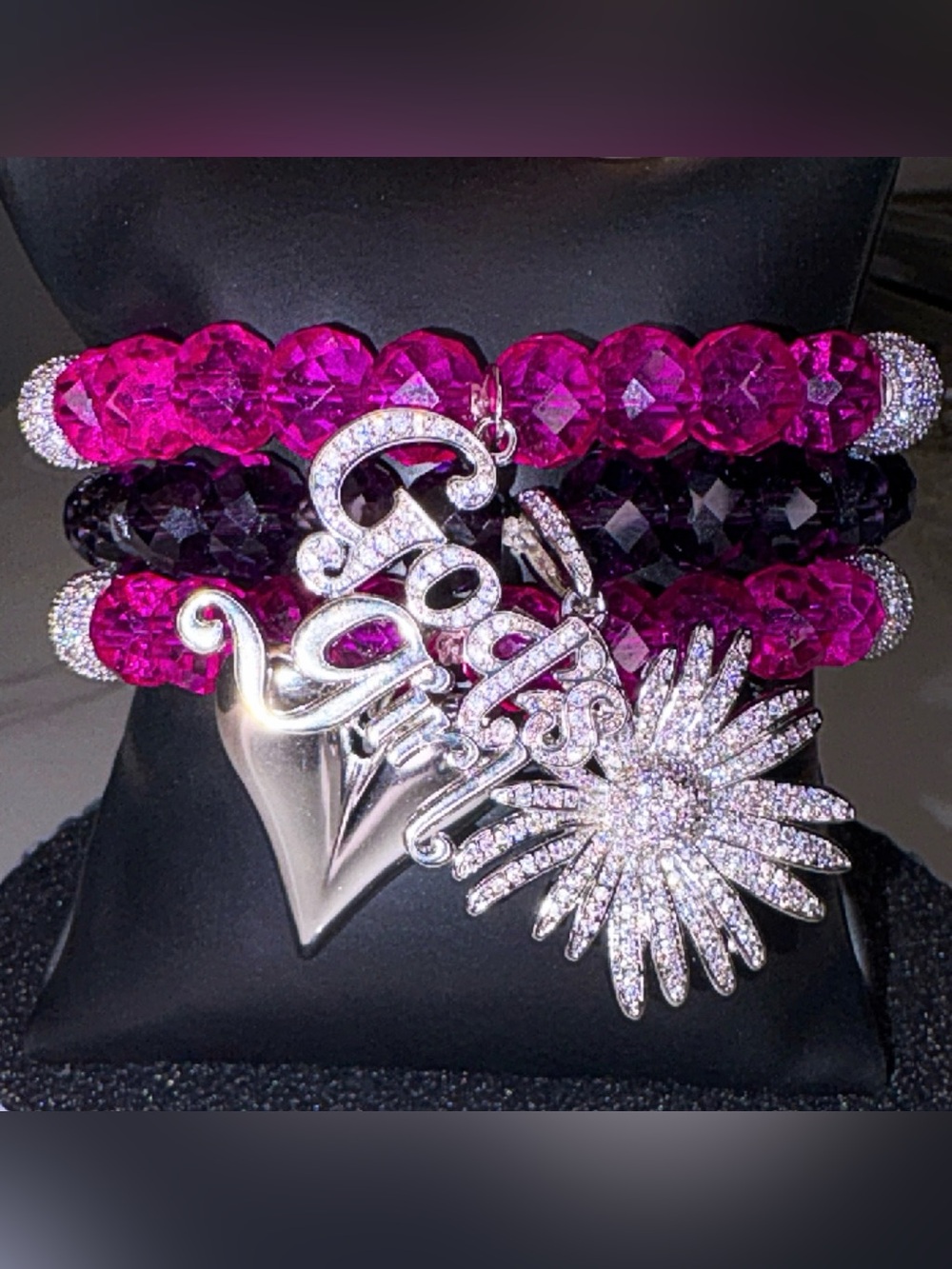 Fuchsia Crystal Beaded Bracelets with Sparkling Silver Charms